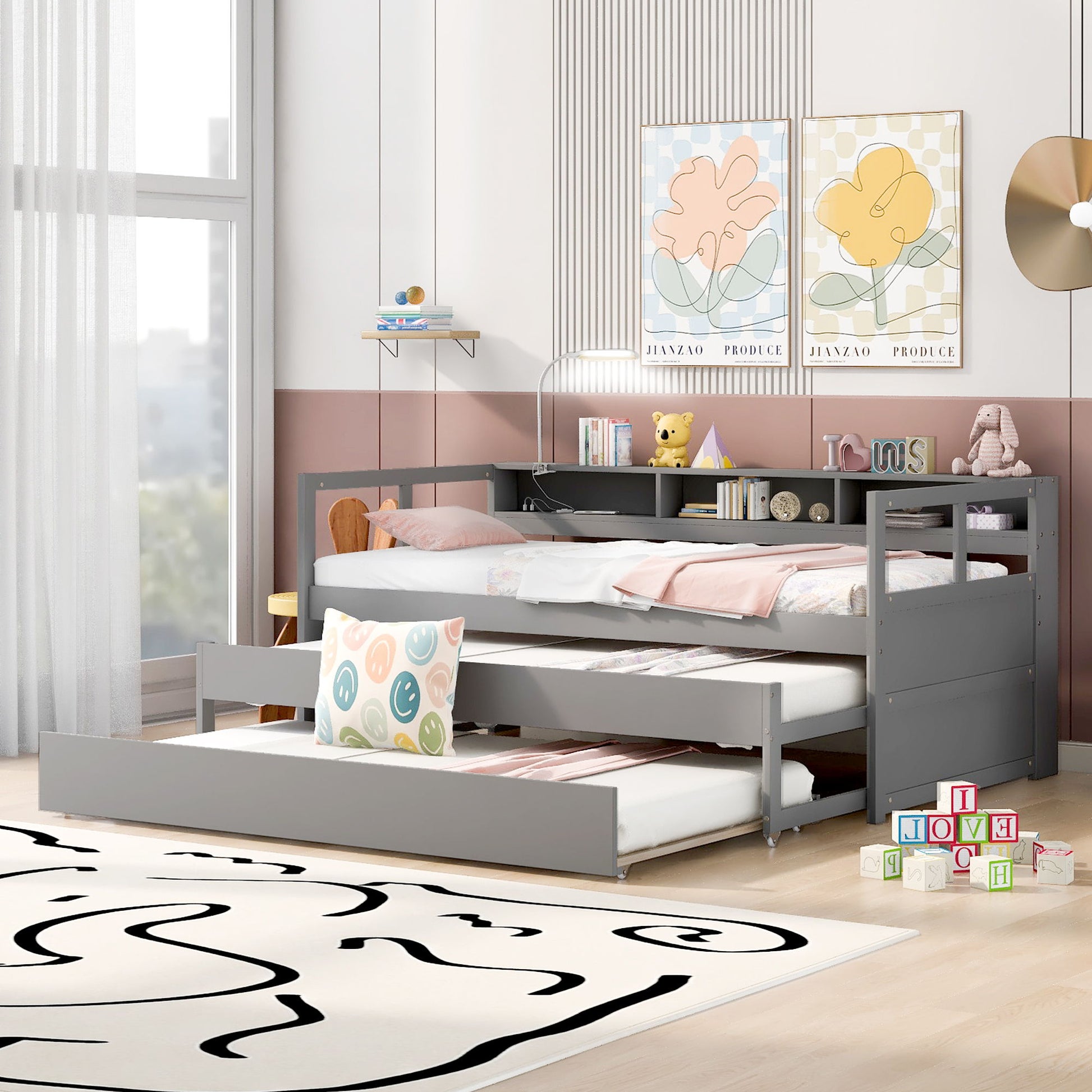 Daybed With 2 Trundles, 3 Storage Cubbies, Built In USB Charging Light - The Sleep Loft - Online Mattress Showroom NYC
