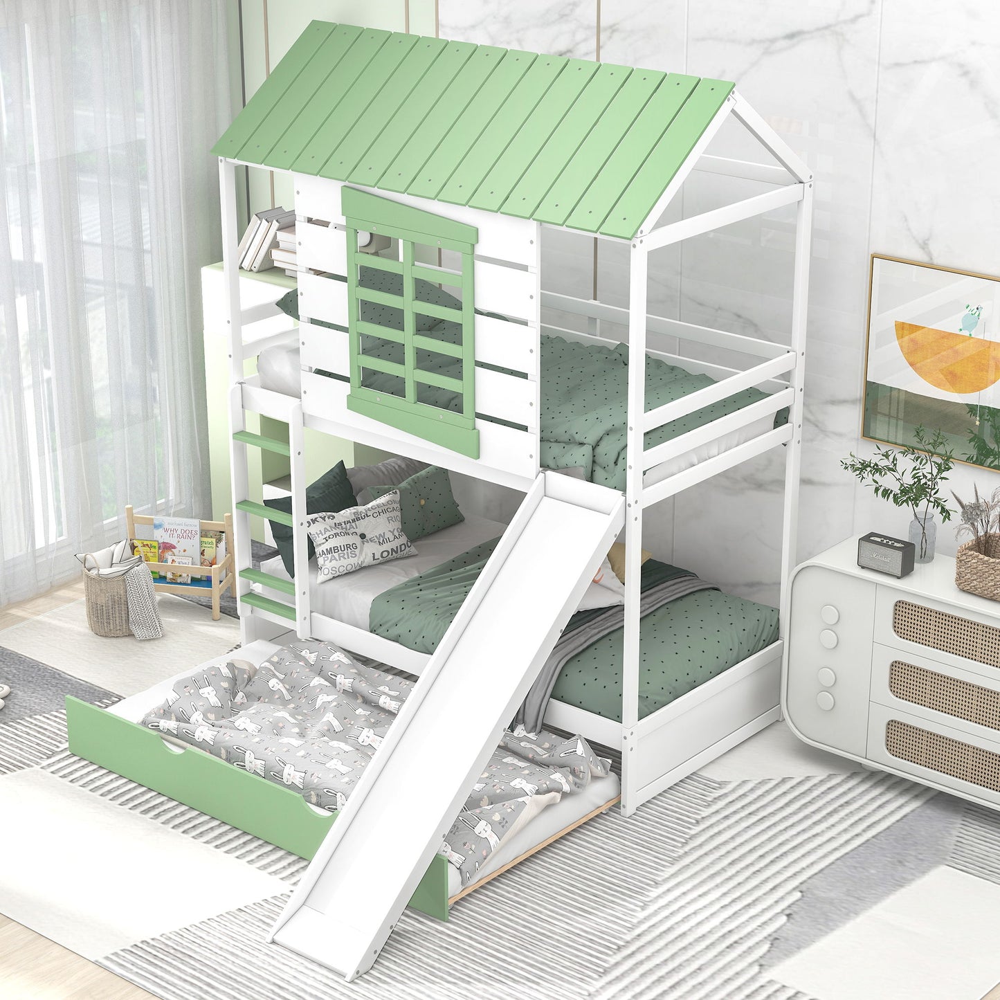 Twin Over Twin House Bunk Bed With Convertible Slide And Trundle - White - The Sleep Loft - Online Mattress Showroom NYC