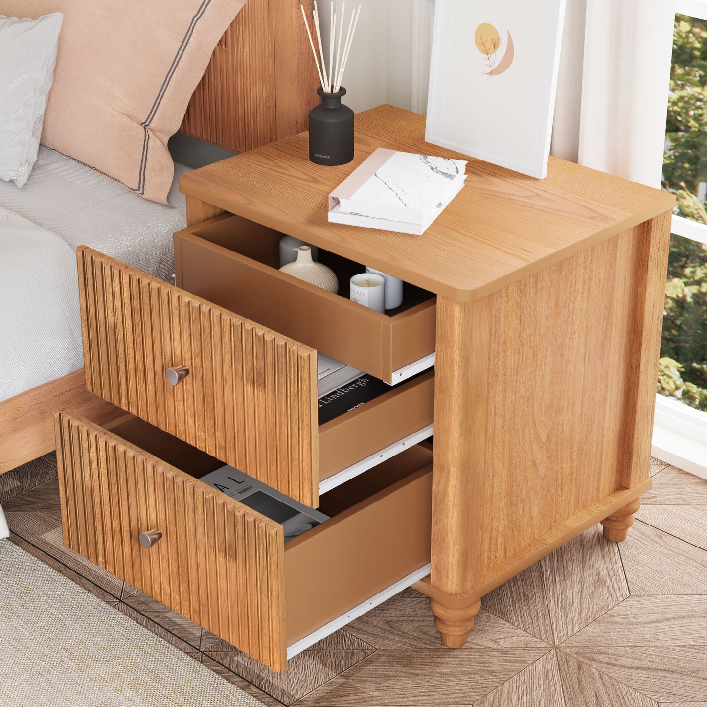 Modern Fluted Nightstand With 3 Drawers - The Sleep Loft - Online Mattress Showroom NYC