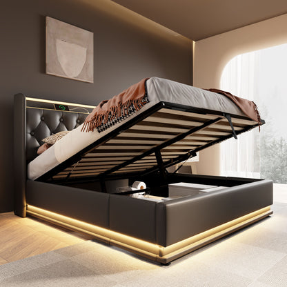 Upholstered Bed, 360 Surround LED Function, Remote Control, Hydraulic Storage Bed With USB, Type-C Charging (Without Mattress) - The Sleep Loft - Online Mattress Showroom NYC