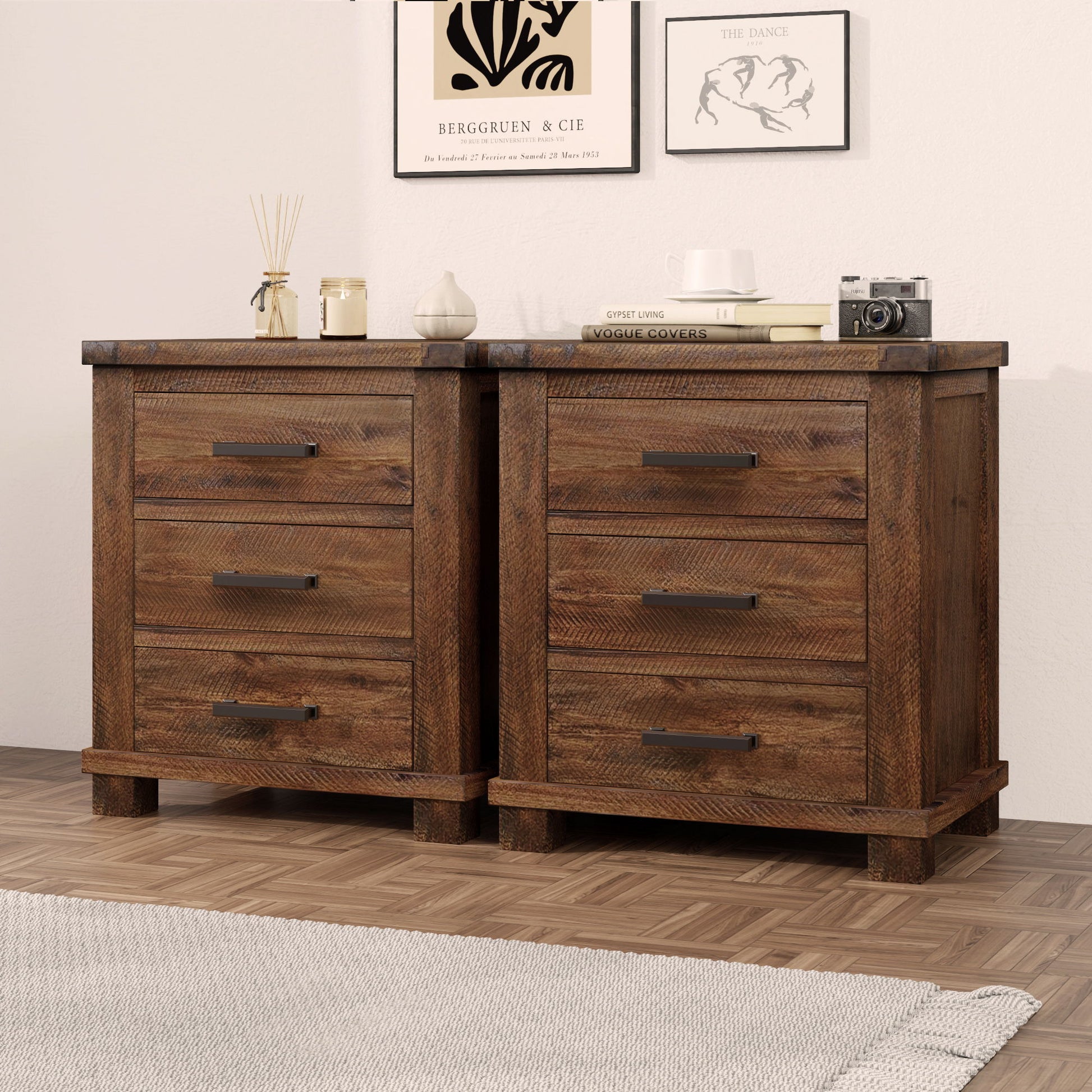 Rustic Farmhouse Nightstand (Set of 2) With 3 Drawers - Natural - The Sleep Loft - Online Mattress Showroom NYC