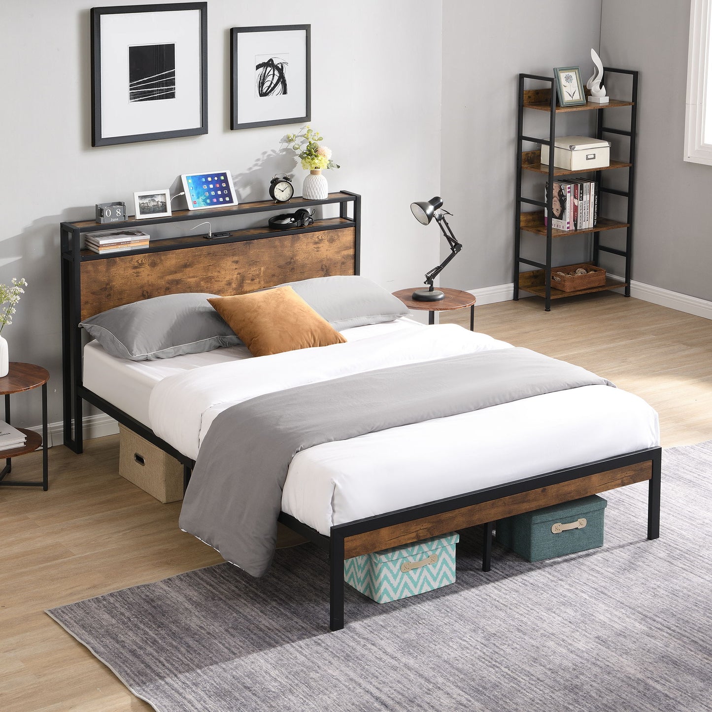 Metal Platform Bed Frame With Wooden Headboard And Footboard With USB Liner, No Box Spring Needed, Under Bed Storage - The Sleep Loft - Online Mattress Showroom NYC