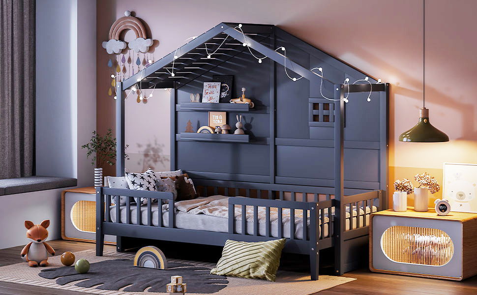 House Bed With Shelves, Window And Sparkling Light Strip On The Roof - The Sleep Loft - Online Mattress Showroom NYC