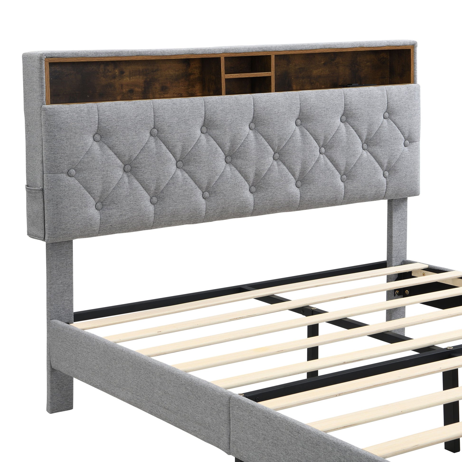 Modern Upholstered Platform Bed Frame With Button Tufted Headboard And USB Ports - The Sleep Loft - Online Mattress Showroom NYC