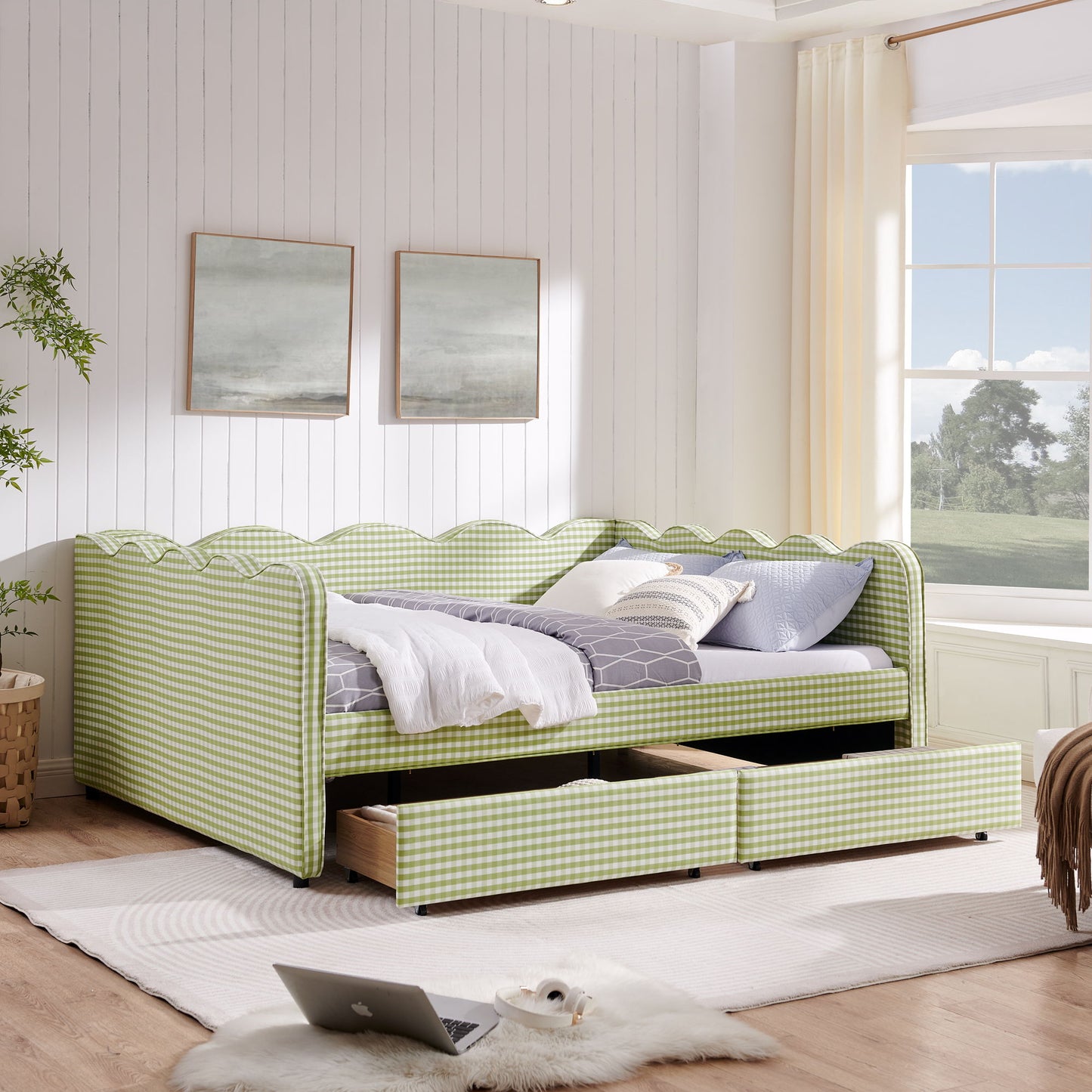 Gingham Daybed With USB Charging Port, Wave-Shaped Design - The Sleep Loft - Online Mattress Showroom NYC