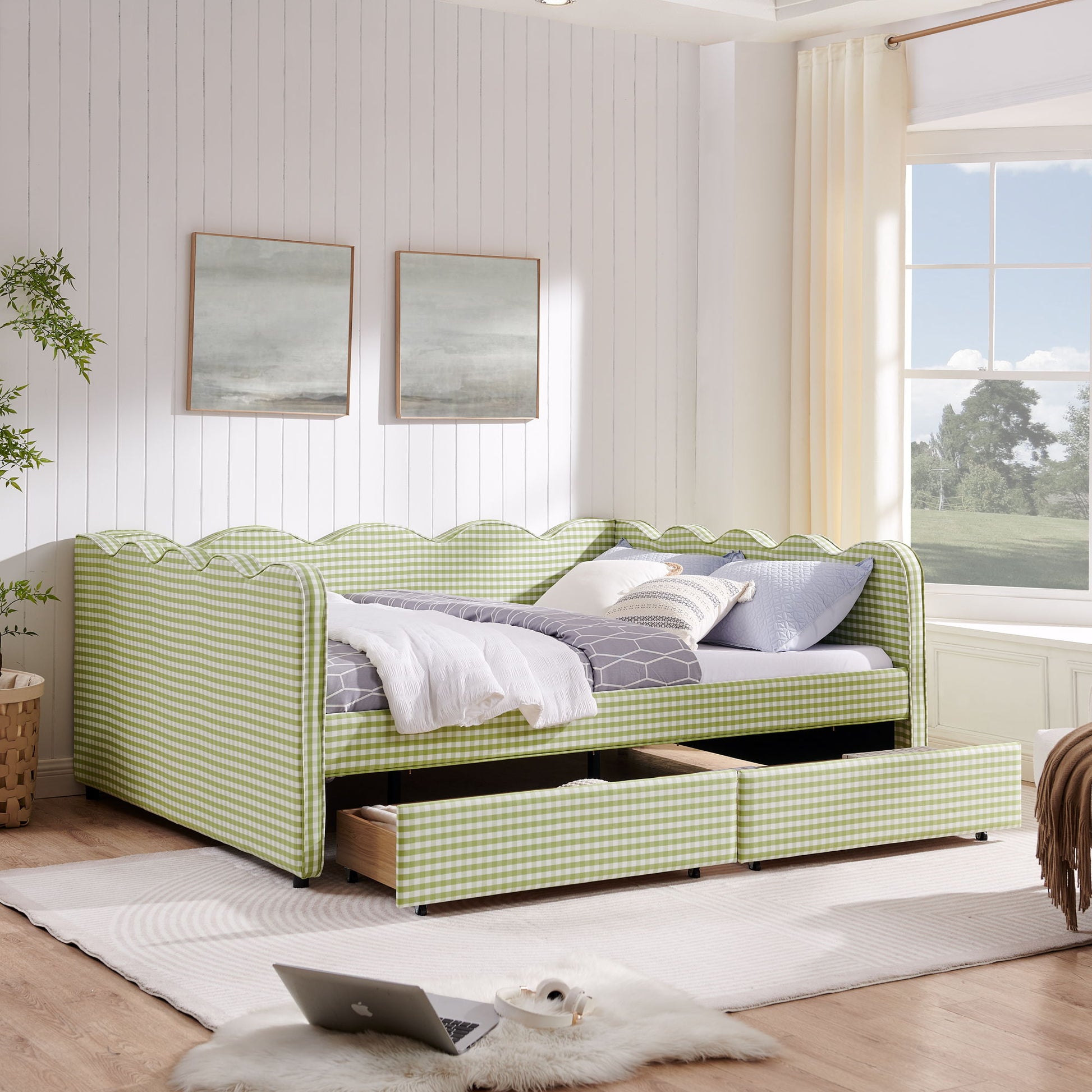 Gingham Daybed With USB Charging Port, Wave-Shaped Design - The Sleep Loft - Online Mattress Showroom NYC
