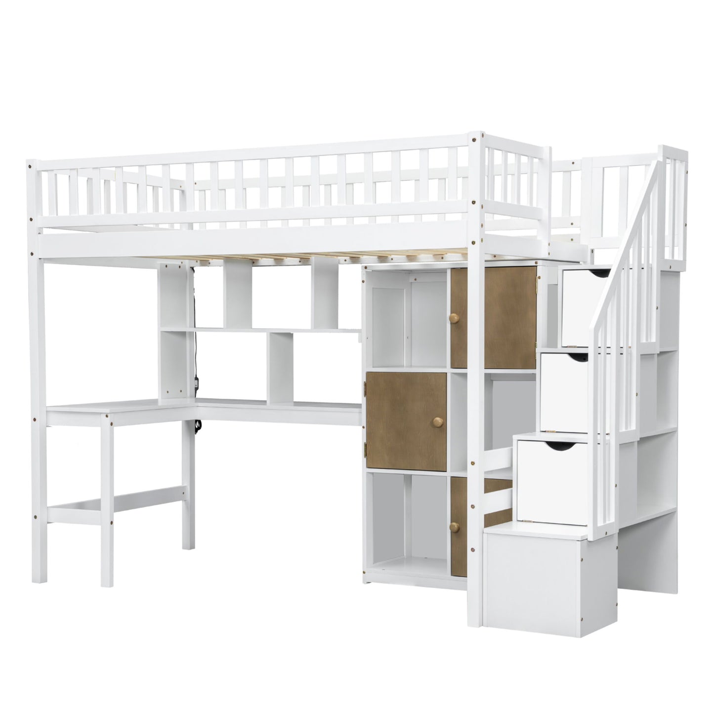 Loft Bed With Built In L Shaped Desk, LED Lights, Storage Shelves, Cabinets, And Staircase - The Sleep Loft - Online Mattress Showroom NYC