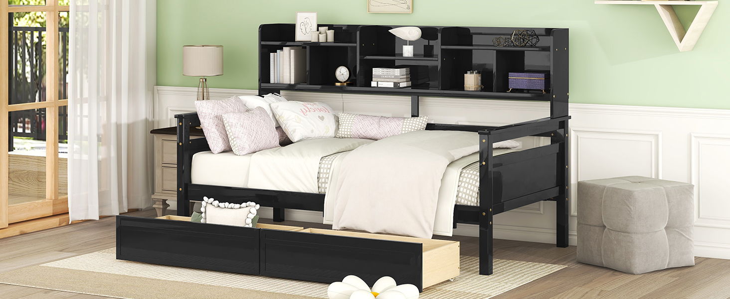 Daybed, Slat Support, With Bedside Shelves And 2 Drawers - The Sleep Loft - Online Mattress Showroom NYC