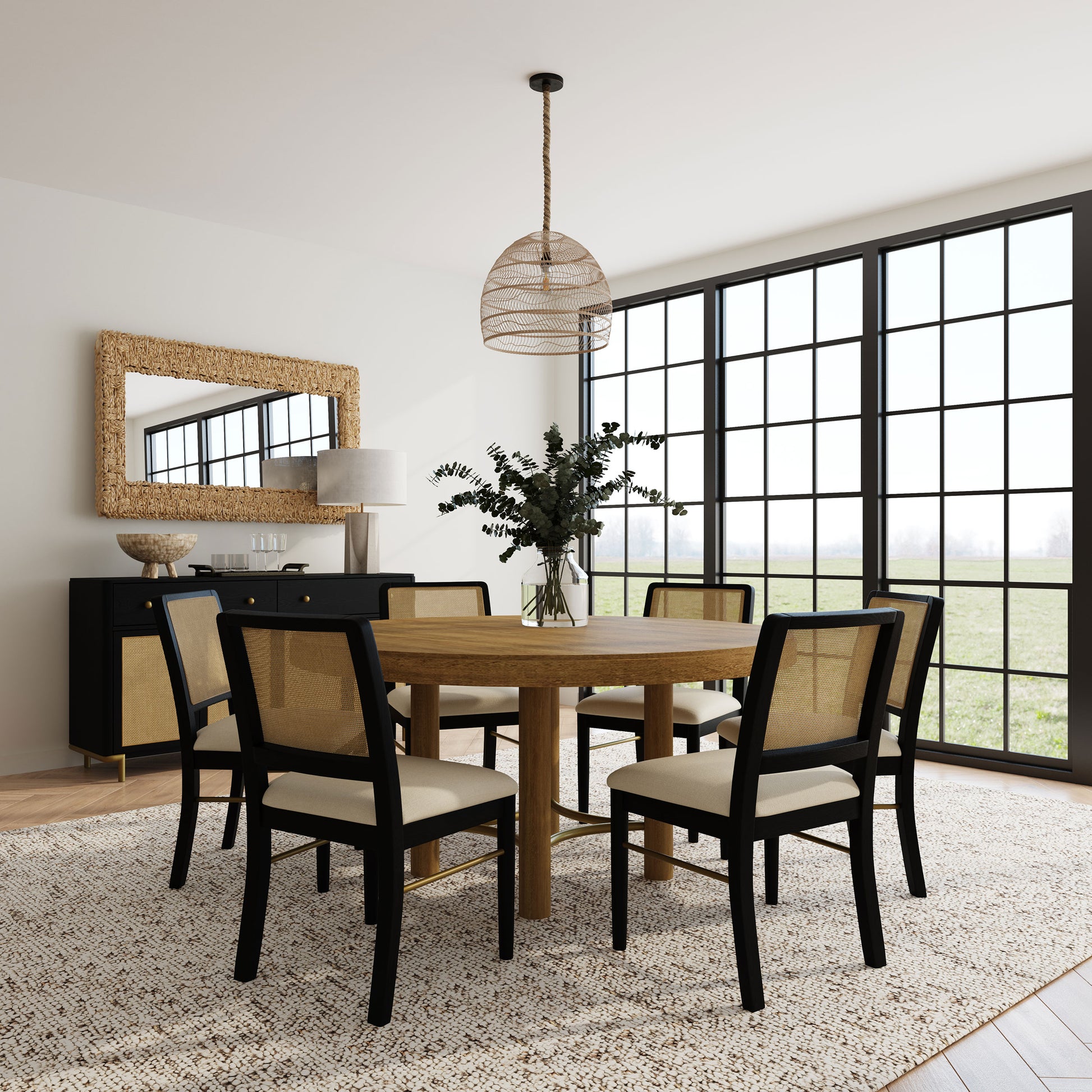Arini 7-piece Round Dining Table Set Sand Wash and Black