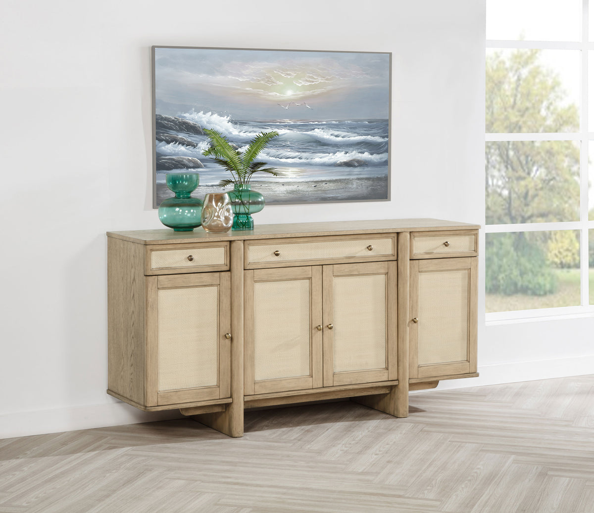 Kailani 4-door Cane Sideboard Buffet Cabinet Beige Oak - NYC & NJ