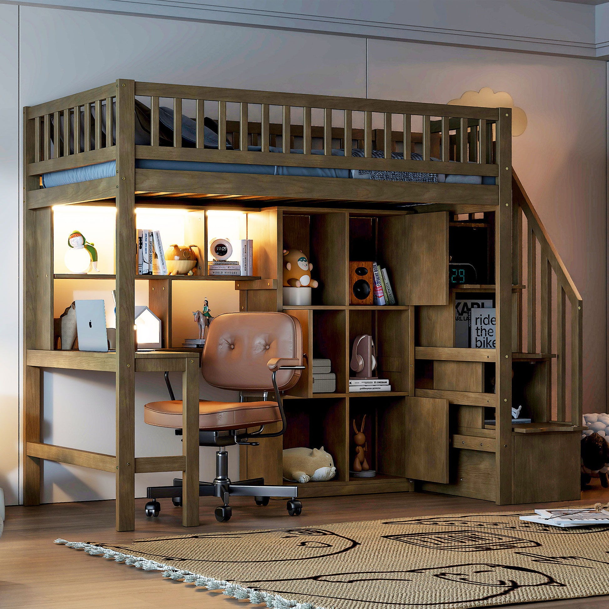 Loft Bed With Built In L Shaped Desk, LED Lights, Storage Shelves, Cabinets, And Staircase - The Sleep Loft - Online Mattress Showroom NYC