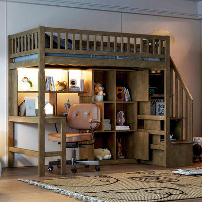 Loft Bed With Built In L Shaped Desk, LED Lights, Storage Shelves, Cabinets, And Staircase - The Sleep Loft - Online Mattress Showroom NYC