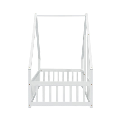 Wood House-Shaped Floor Bed With Fence, Guardrails - The Sleep Loft - Online Mattress Showroom NYC