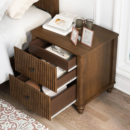Mid Century Modern Fluted Nightstand 2 Piece Set With 3 Drawers - Walnut - The Sleep Loft - Online Mattress Showroom NYC