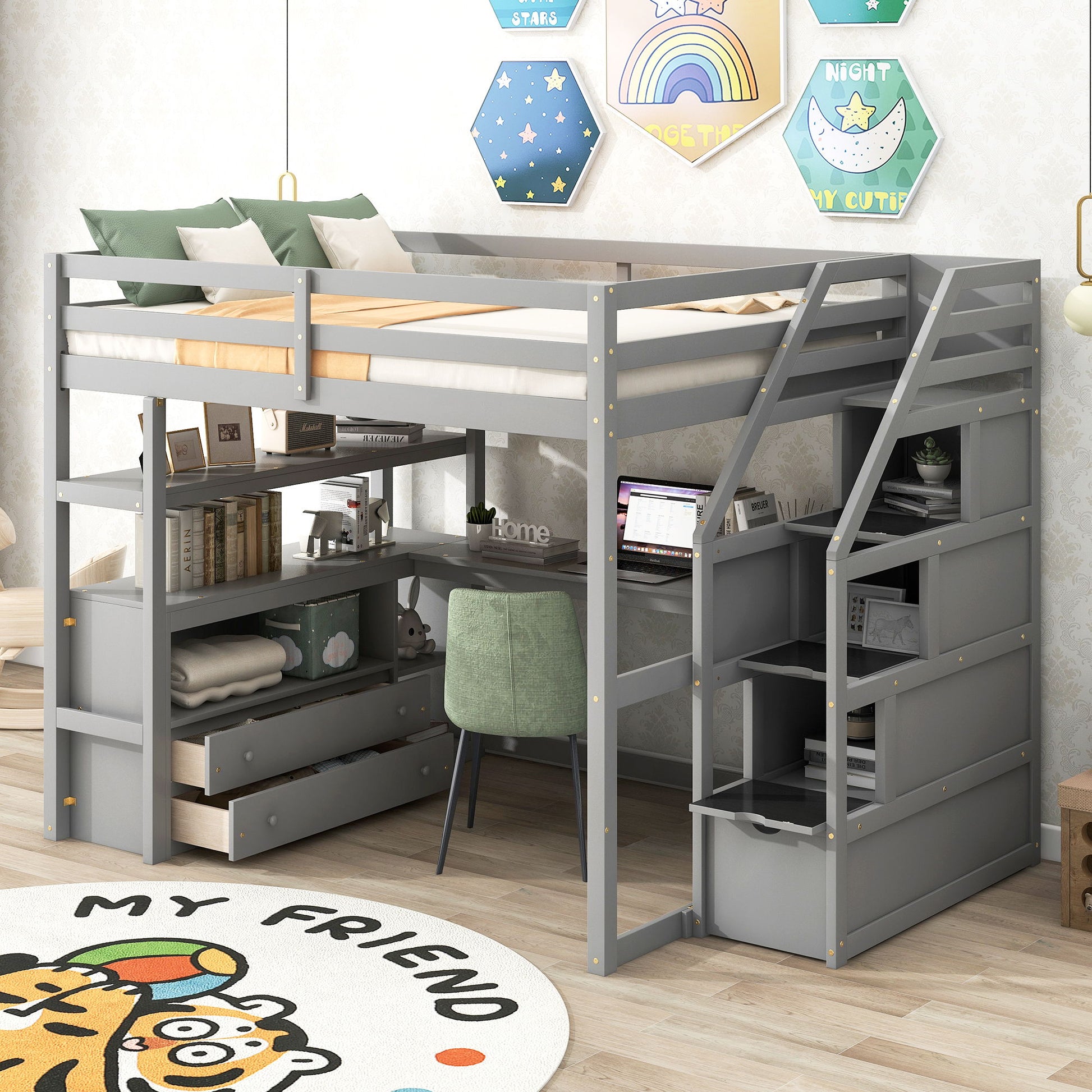 Loft Bed With Desk, Shelves, 2 Drawers, Storage Staircase - The Sleep Loft - Online Mattress Showroom NYC