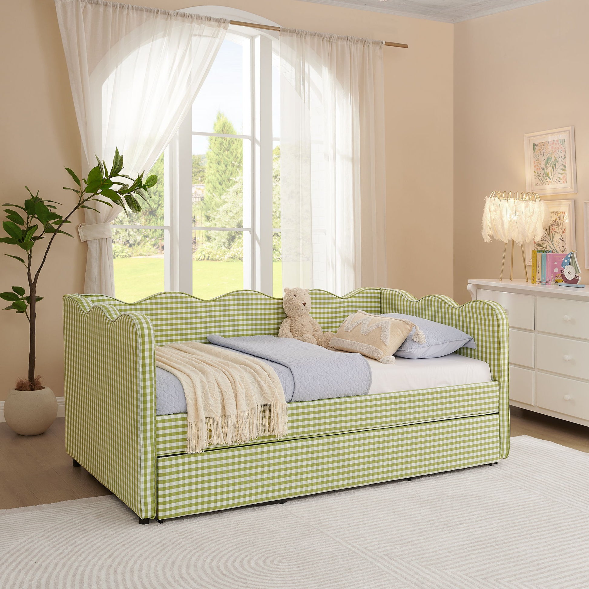 Gingham Daybed With USB Charging Port, Wave-Shaped Design - The Sleep Loft - Online Mattress Showroom NYC