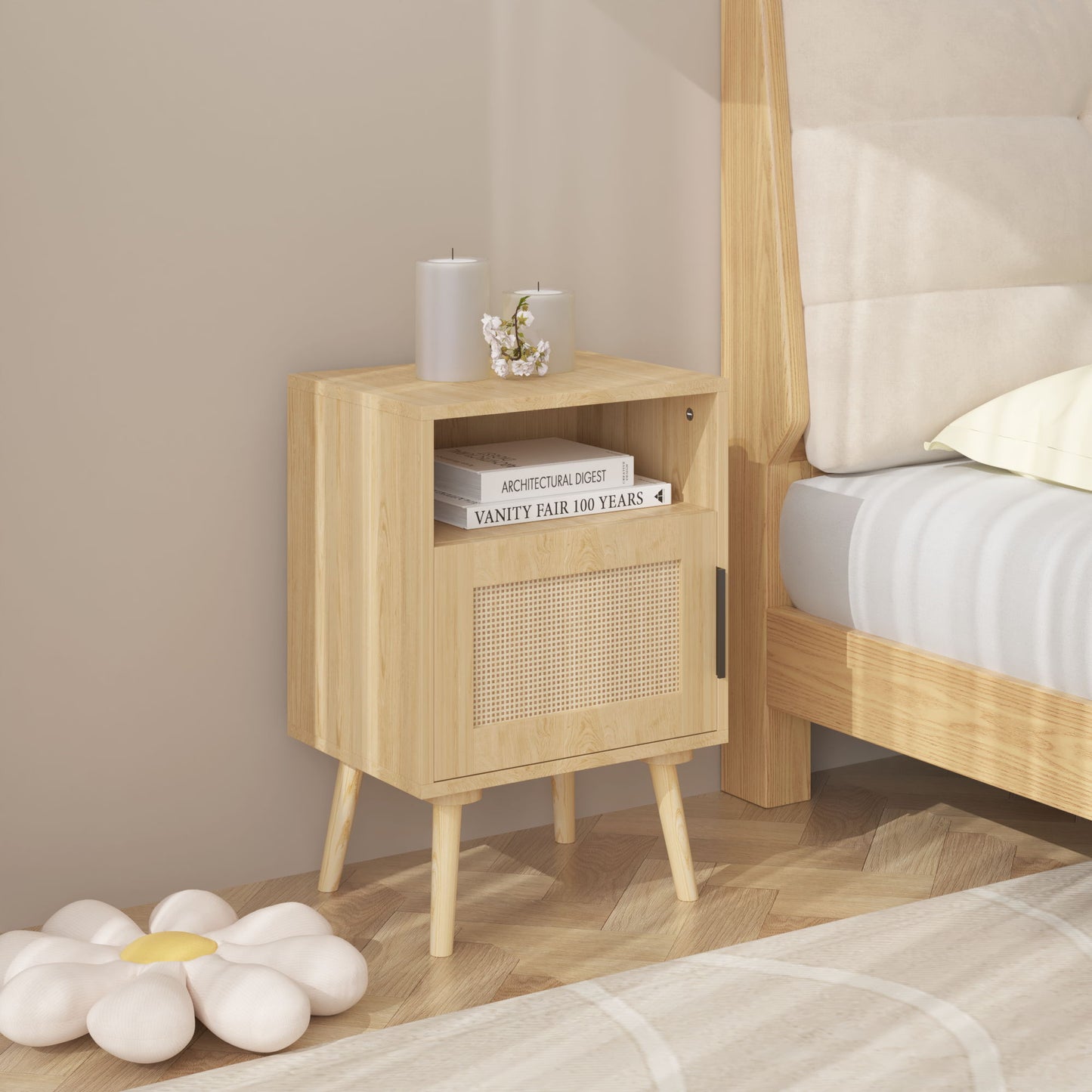 Nightstand, Side Table With Door And Open Shelf For Bedroom - Oak - The Sleep Loft - Online Mattress Showroom NYC