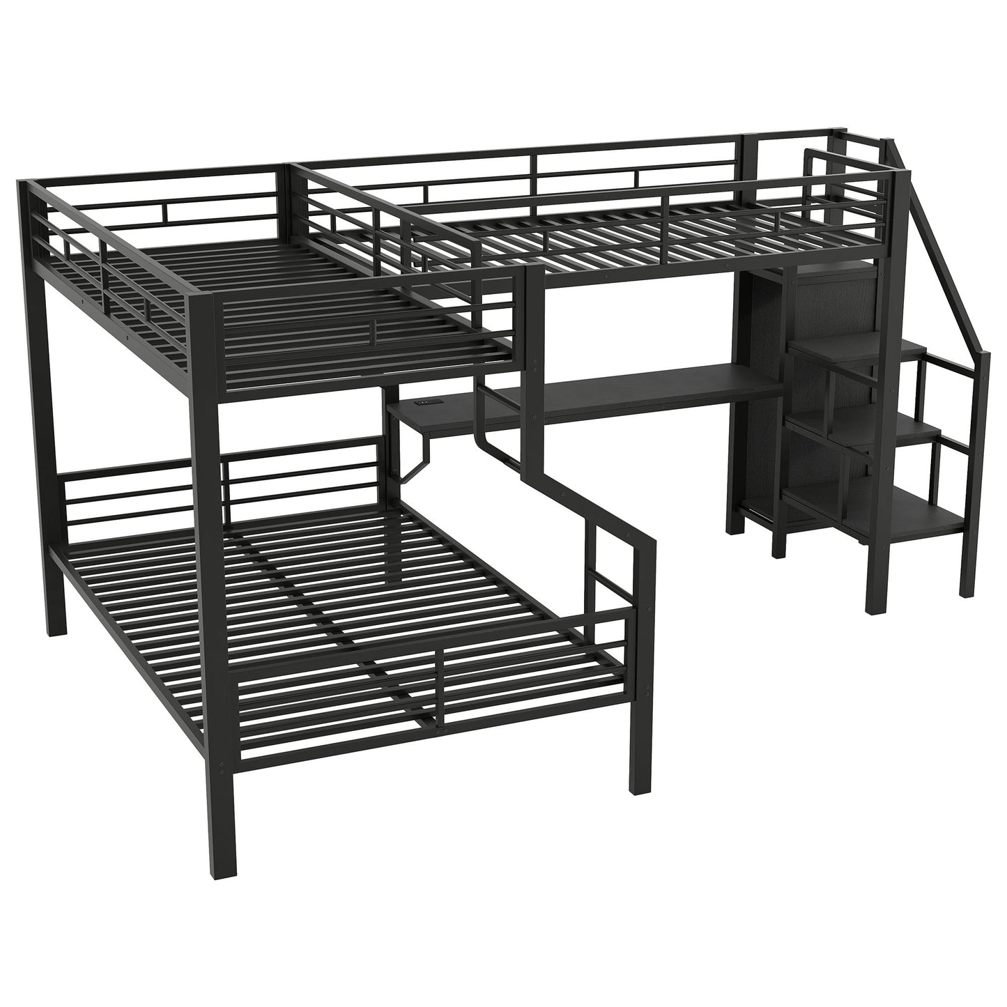 Twin Over Full L Shaped Bunk & Loft Bed With Built-In Wardrobe, Desk, And USB Ports - Black - The Sleep Loft - Online Mattress Showroom NYC