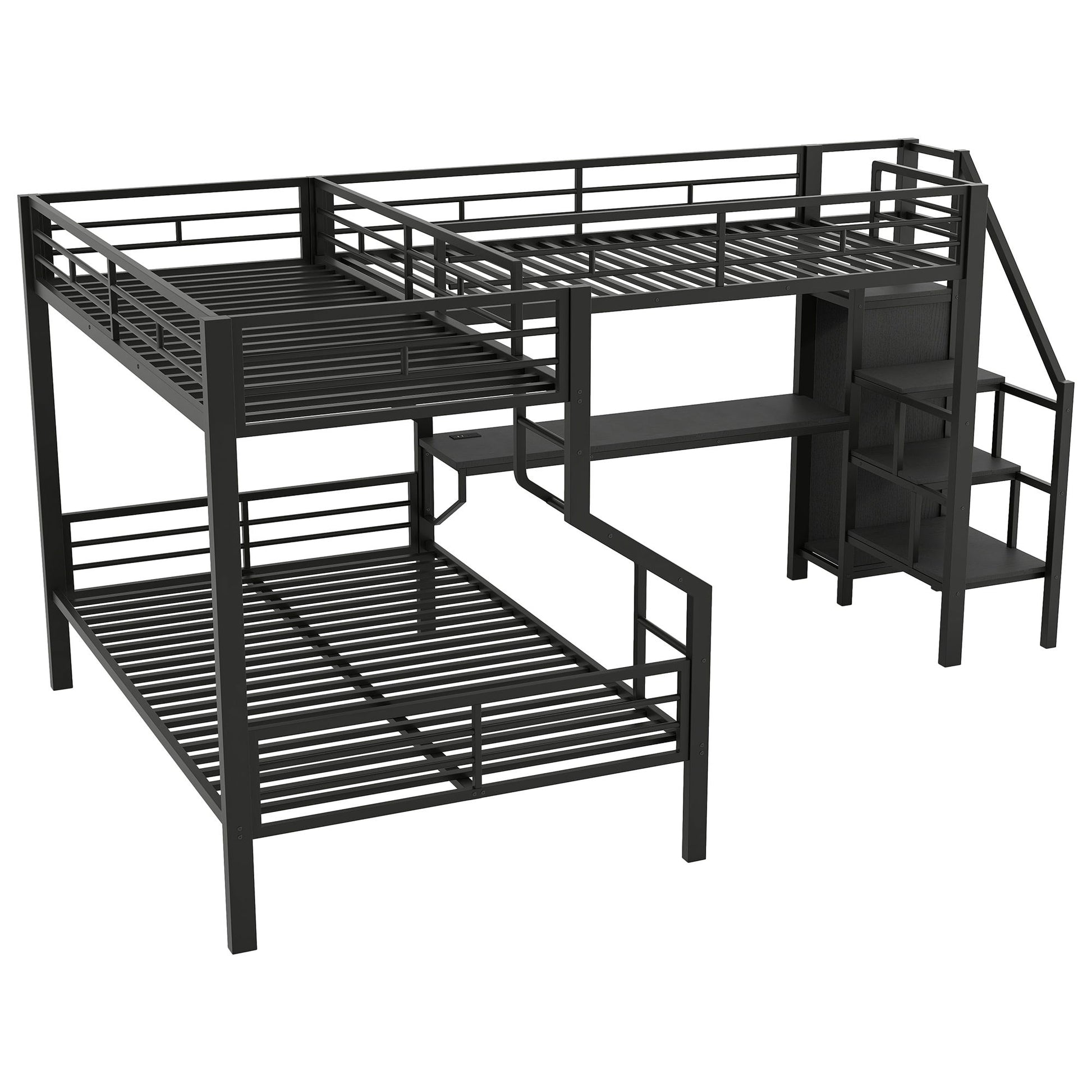 Twin Over Full L Shaped Bunk & Loft Bed With Built-In Wardrobe, Desk, And USB Ports - Black - The Sleep Loft - Online Mattress Showroom NYC