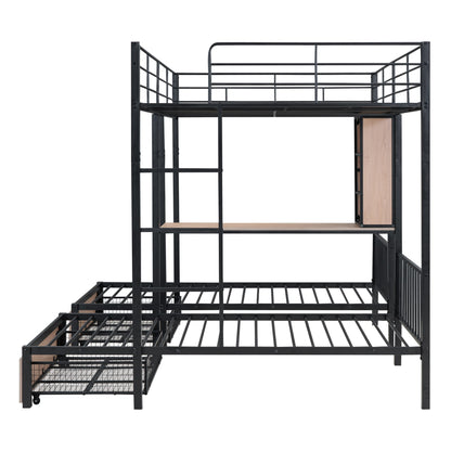 Triple Bunk Bed With Drawers, Multi-Functional Frame With Desks And Shelves In The Middle - The Sleep Loft - Online Mattress Showroom NYC