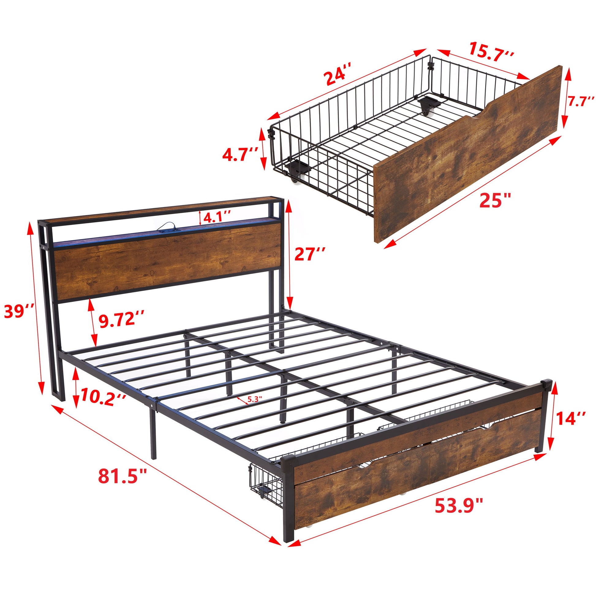 Modern Metal Platform Bed Frame With Wooden Headboard And Footboard, USB Charging Station, LED Lights, 2 Drawers - The Sleep Loft - Online Mattress Showroom NYC