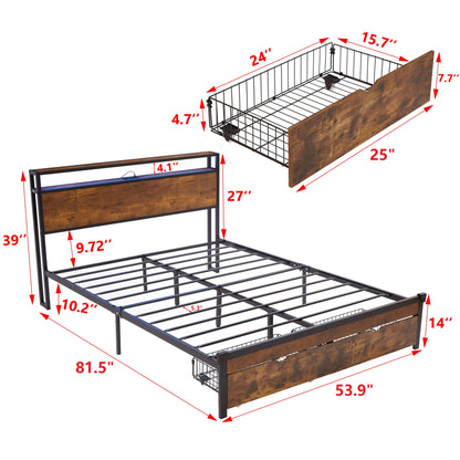 Modern Metal Platform Bed Frame With Wooden Headboard And Footboard, USB Charging Station, LED Lights, 2 Drawers - The Sleep Loft - Online Mattress Showroom NYC