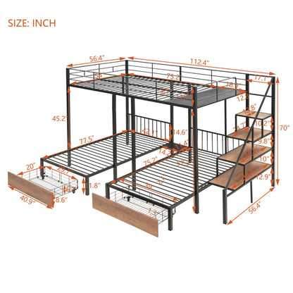 Full Over Twin-Twin Triple Bunk Bed With Drawers And Staircase - Black - The Sleep Loft - Online Mattress Showroom NYC