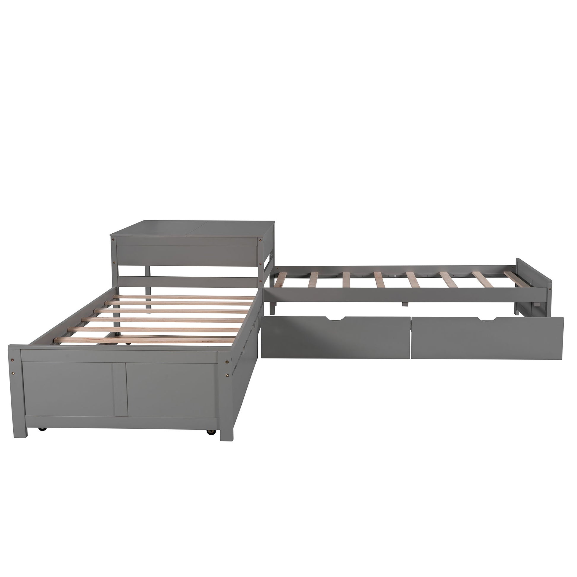 L Shaped Platform Bed With Trundle And Drawers Linked With Built In Desk - The Sleep Loft - Online Mattress Showroom NYC