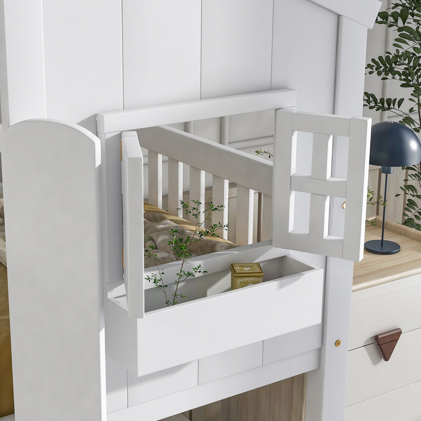 House Bunk Bed With Roof, Window, Window Box, Door, With Safety Guardrails And Ladder - The Sleep Loft - Online Mattress Showroom NYC