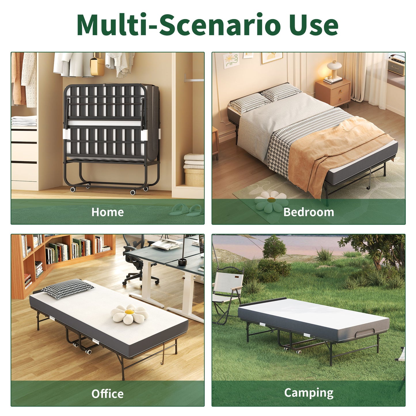 Twin Adjustable Headboard Folding Bed With Memory Foam Mattress, Heavy-Duty Frame Cot For Tall People, Portable Guest On Wheels - Black - The Sleep Loft - Online Mattress Showroom NYC