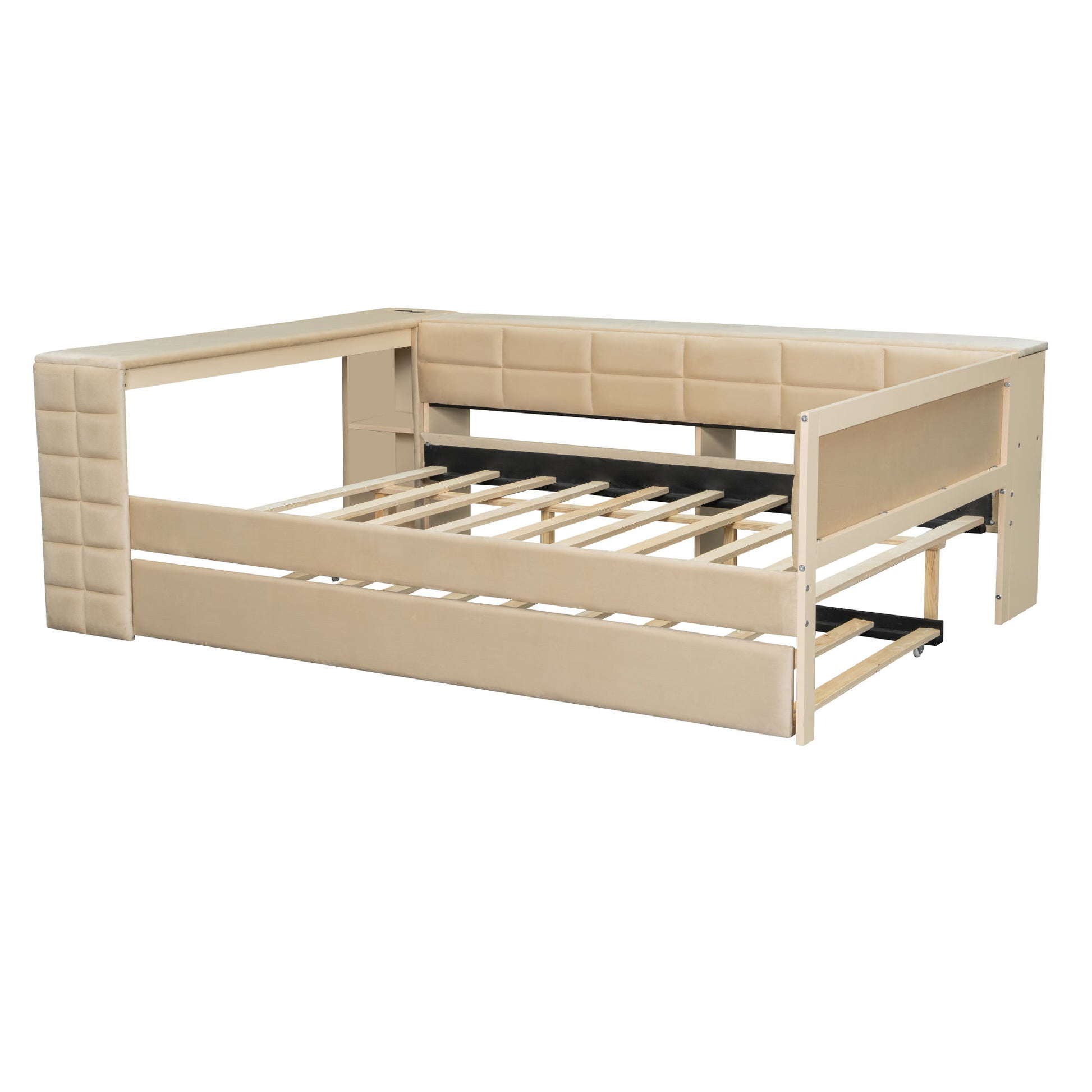 Upholstered Platform Bed With Storage Shelves, Desk, Charging Station And Trundle - The Sleep Loft - Online Mattress Showroom NYC