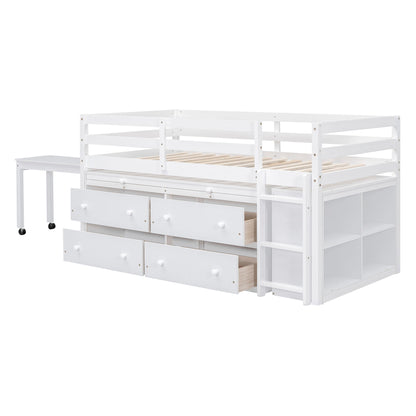 Loft Bed With Retractable Writing Desk And 4 Drawers, With Lateral Portable Desk And Shelves - The Sleep Loft - Online Mattress Showroom NYC
