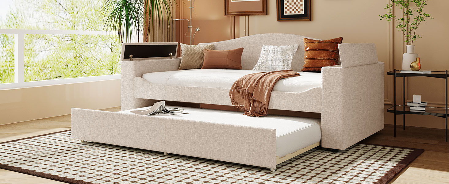 Upholstered Daybed With Storage Armrests, Trundle And Latest Integrated tooth Audio System - The Sleep Loft - Online Mattress Showroom NYC