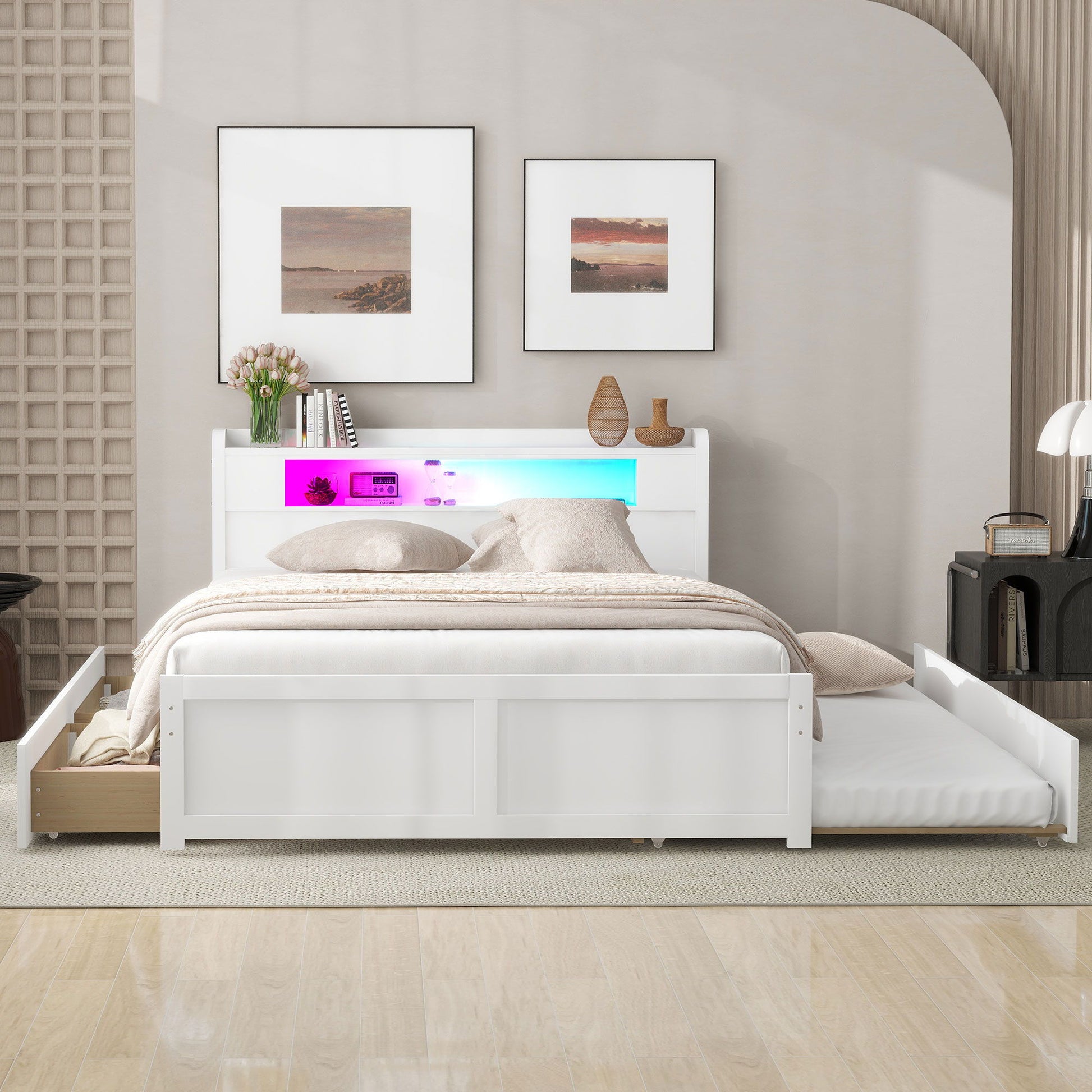 Storage Platform Bed With LED Lights, 2 Drawers And Trundle - The Sleep Loft - Online Mattress Showroom NYC