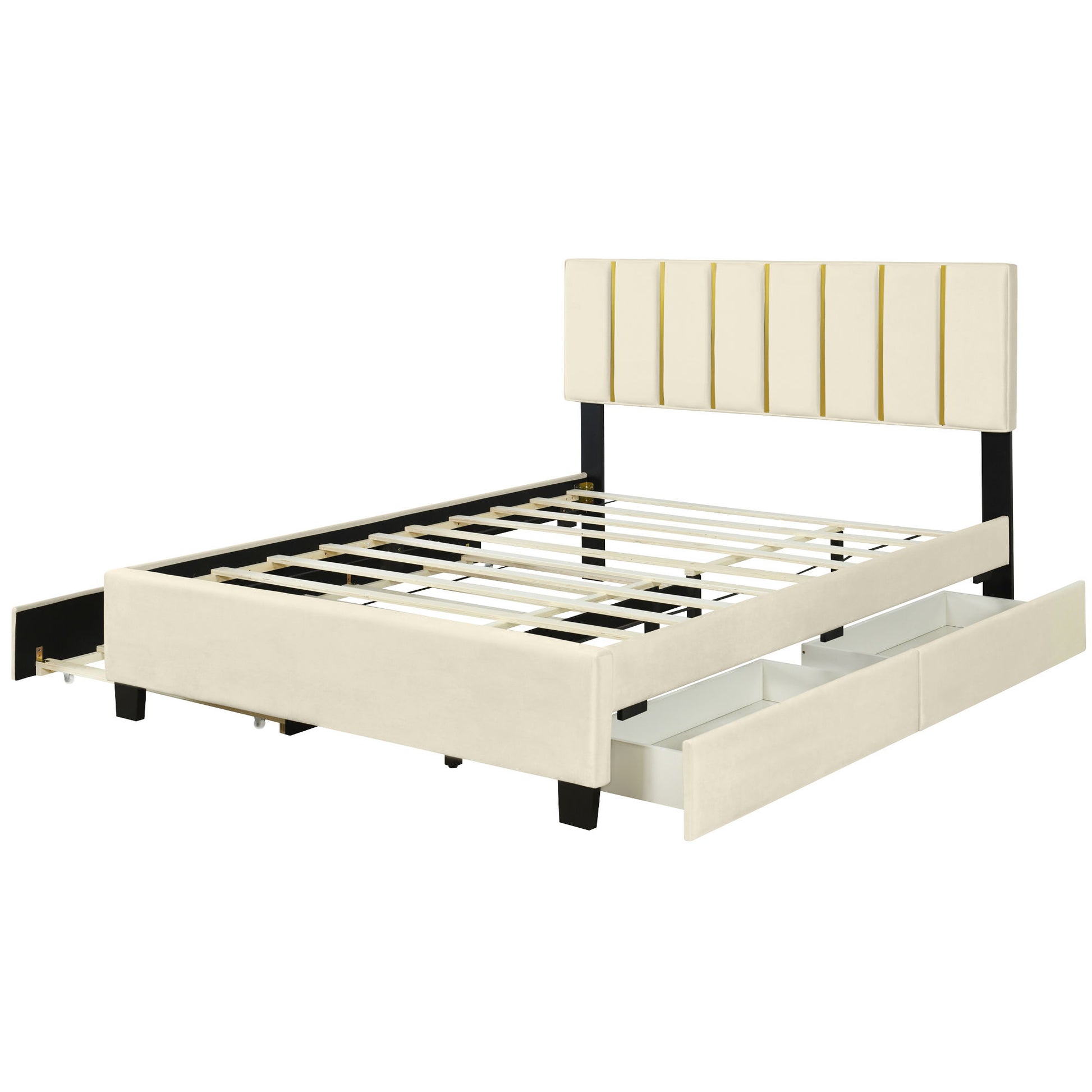 Upholstered Platform Bed With 2 Drawers And 1 Trundle, Classic Strip Headboard Design - The Sleep Loft - Online Mattress Showroom NYC
