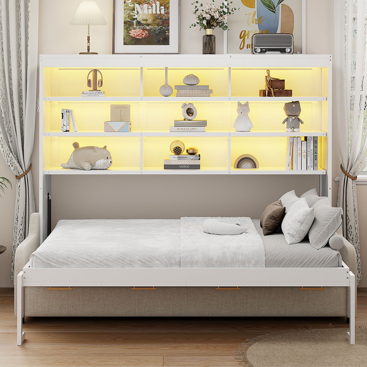 Murphy Cabinet Bed With Folding Sofa, Built In Storage Shelves And LED Light