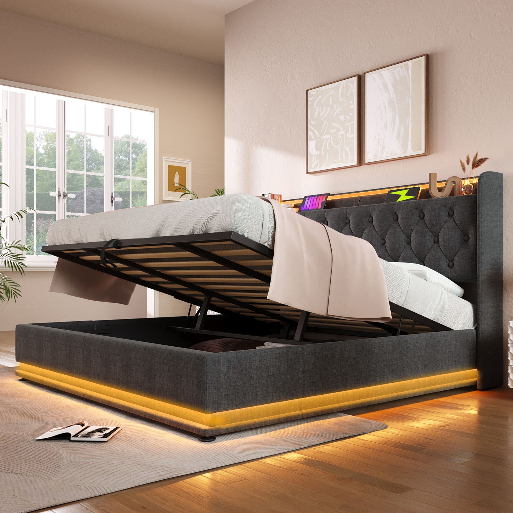 Upholstered Bed, 360 Surround LED Function, Remote Control, Hydraulic Storage Bed With USB, Type-C Charging (Without Mattress) - The Sleep Loft - Online Mattress Showroom NYC