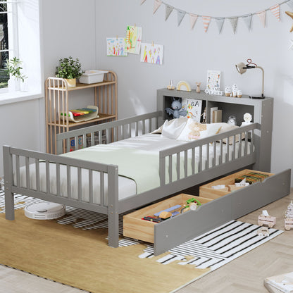 Bed With Headboard Storage Rack, 2 Under Bed Drawers, 3 Side Guardrails For Safety - The Sleep Loft - Online Mattress Showroom NYC