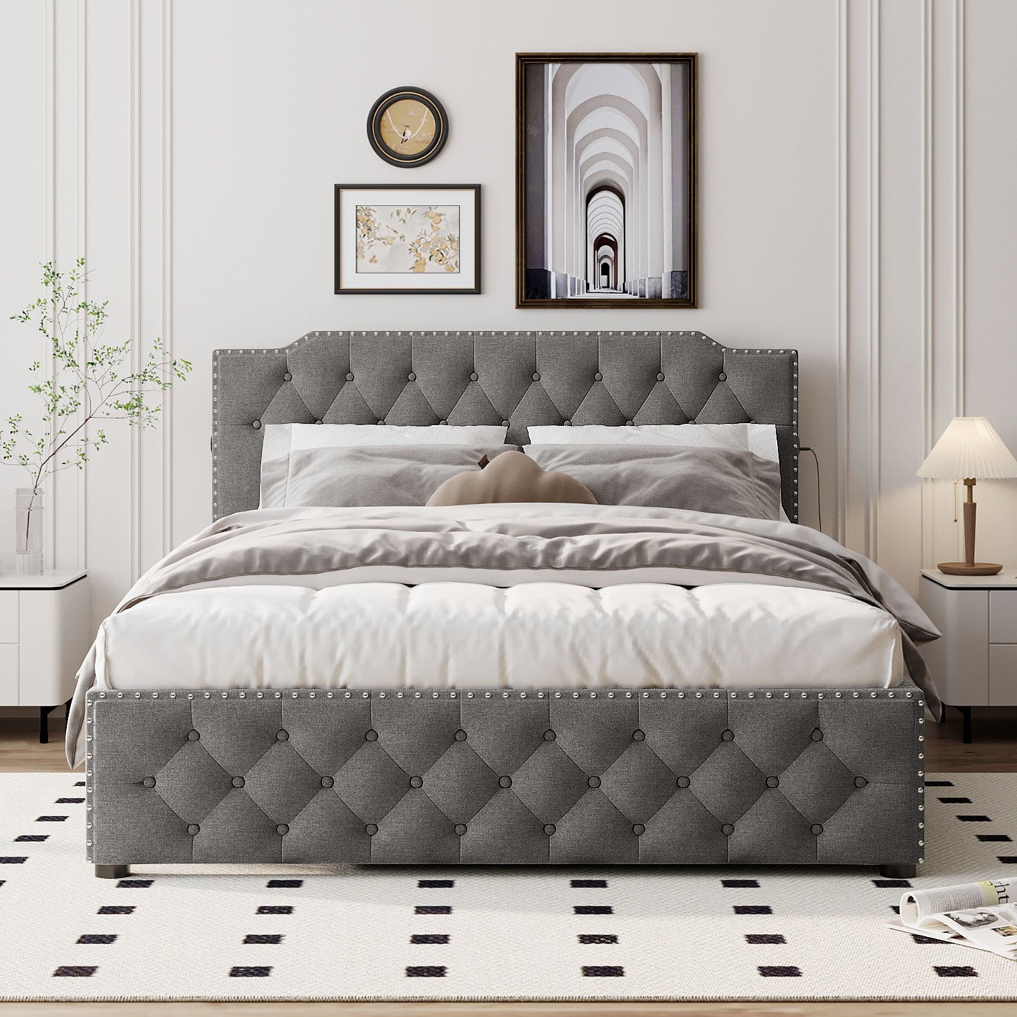 Upholstered Platform Bed With Trundle And 2 Sets Of USB Ports On Each Side, Linen Fabric - The Sleep Loft - Online Mattress Showroom NYC