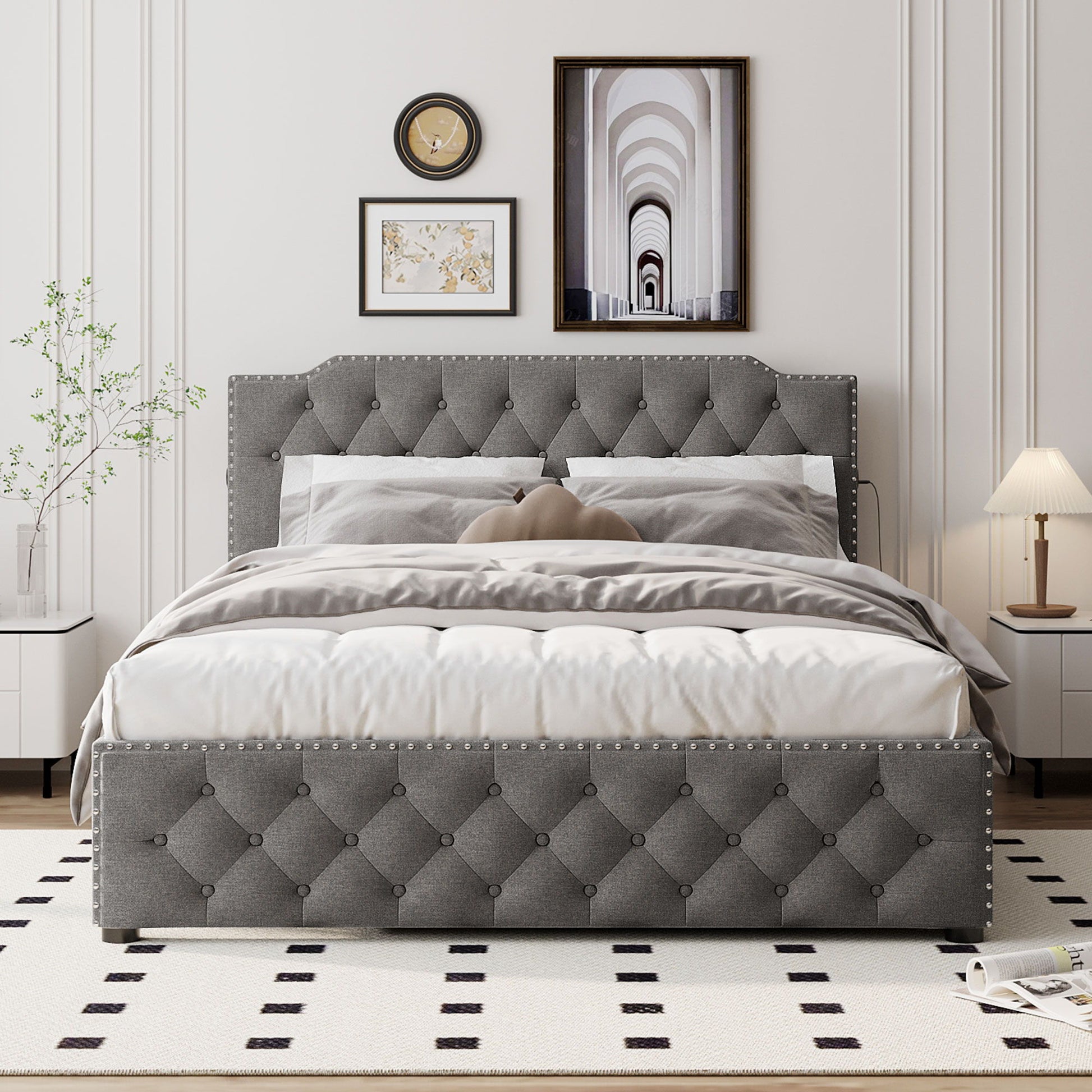 Upholstered Platform Bed With Trundle And 2 Sets Of USB Ports On Each Side, Linen Fabric - The Sleep Loft - Online Mattress Showroom NYC