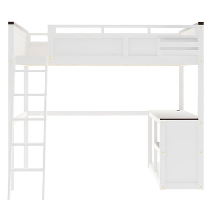 Queen Size Loft Bed With Desk, Open Shelf, Storage Box And USB Charging Station - White - The Sleep Loft - Online Mattress Showroom NYC