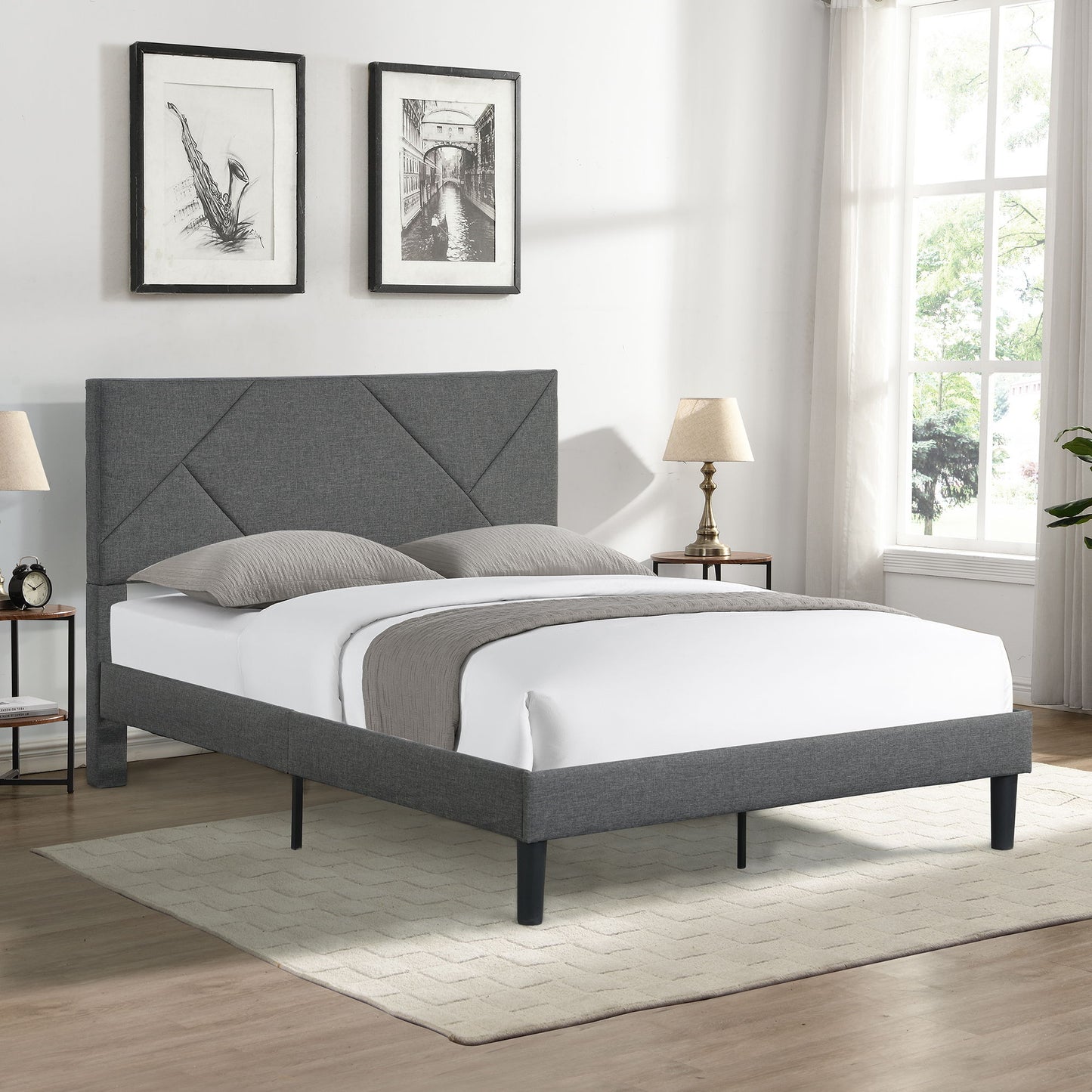 Full Size Upholstered Platform Bed Frame With Headboard, Strong Wood Slat Support, Mattress Foundation, No Box Spring Needed - Gray - The Sleep Loft - Online Mattress Showroom NYC