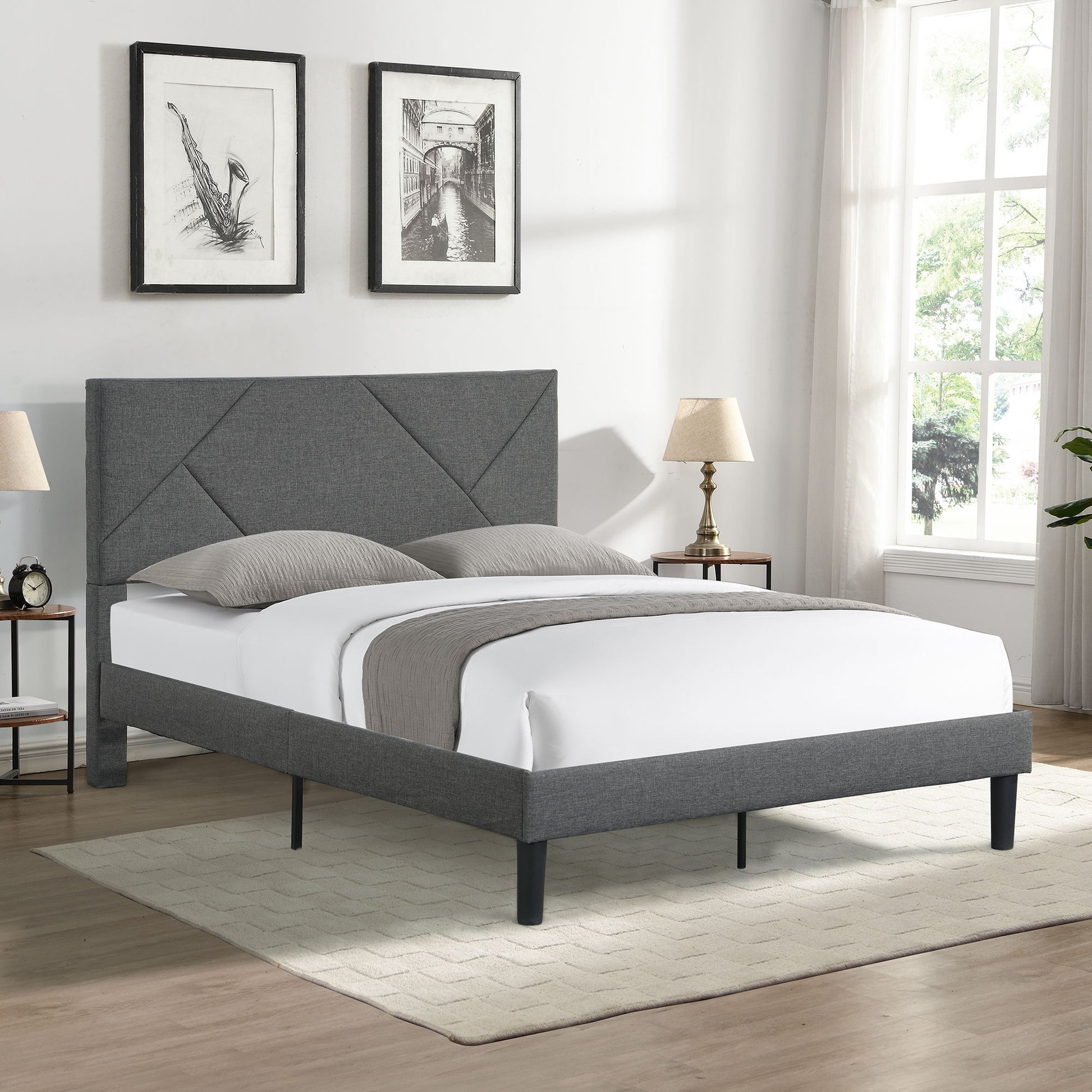 Full Size Upholstered Platform Bed Frame With Headboard, Strong Wood Slat Support, Mattress Foundation, No Box Spring Needed - Gray - The Sleep Loft - Online Mattress Showroom NYC