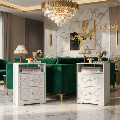 Nightstand With Diamond Carvings Handles, 2 Drawers & Charging Station