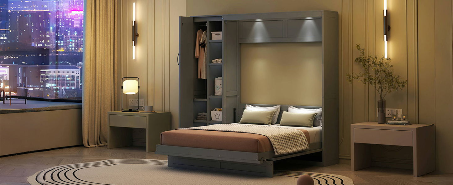 Murphy Wall Bed With Shelves, Wardrobe And LED Lights - The Sleep Loft - Online Mattress Showroom NYC