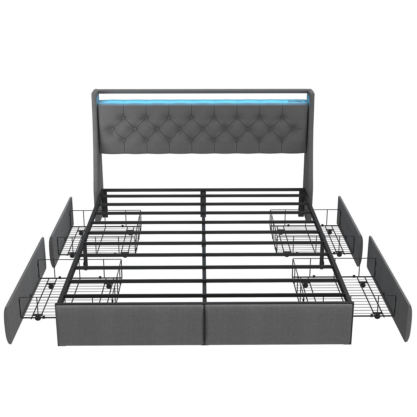 King Platform Bed Frame With RGB LED & Charging Station Storage Headboard, 12 Color Ambient Lighting - Gray