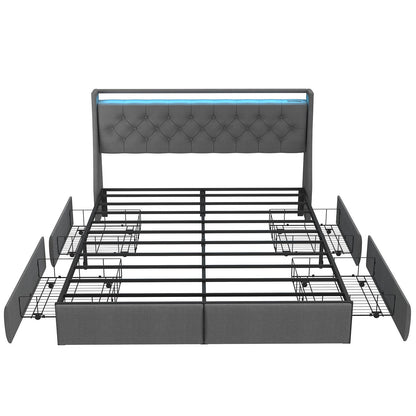 King Platform Bed Frame With RGB LED & Charging Station Storage Headboard, 12 Color Ambient Lighting - Gray