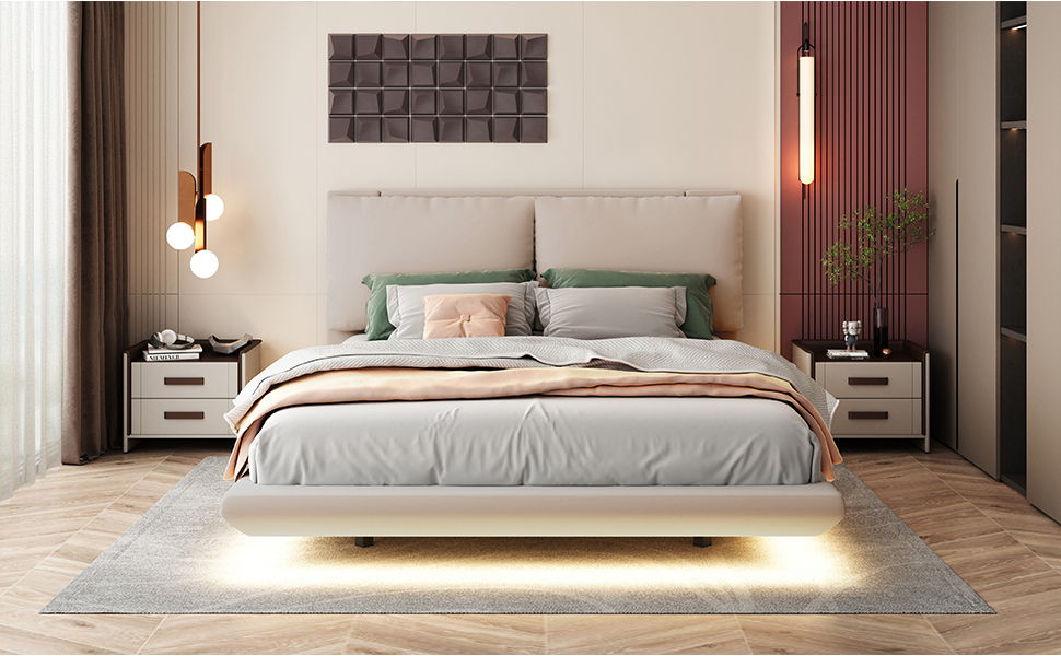 Upholstered Platform Bed With Sensor Light And 2 Large Backrests, With 2 Sets Of USB Port And Socket On Each Rear Bed Leg - The Sleep Loft - Online Mattress Showroom NYC