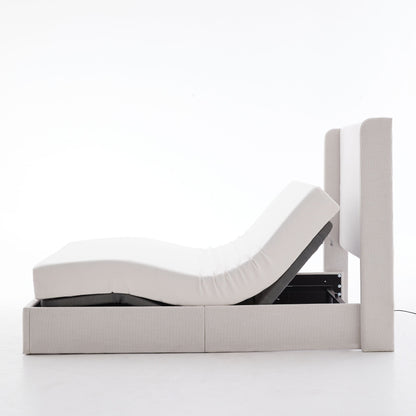 Caron - Queen Size Upholstered Wingback Bed With Adjustable Base Bundle Set - Ivory - The Sleep Loft - Online Mattress Showroom NYC