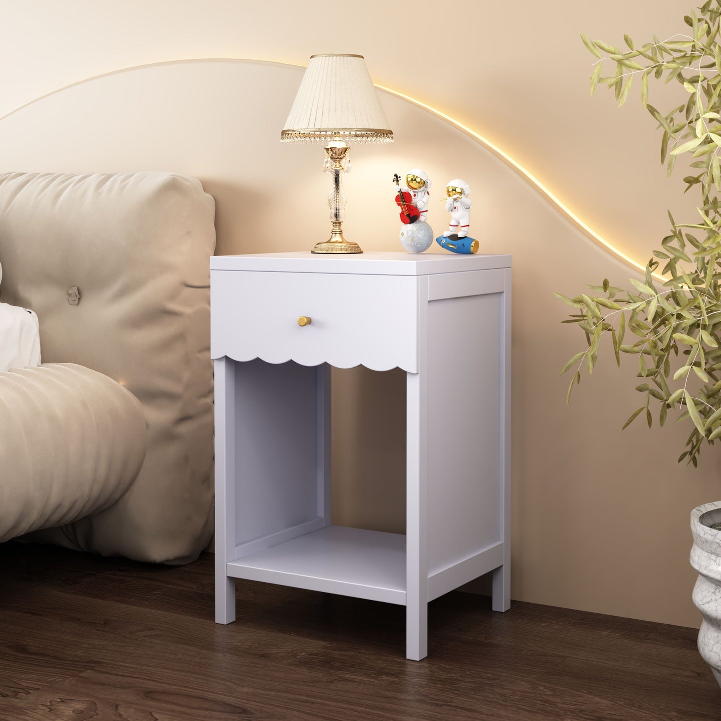 Nightstand With Drawer And Open Shelf, Scalloped Edge Bedside Table - The Sleep Loft - Online Mattress Showroom NYC